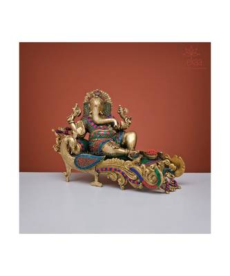 Relaxing Lord Ganesha Statue in Brass with Stonework 3
