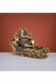 Relaxing Lord Ganesha Statue in Brass with Stonework