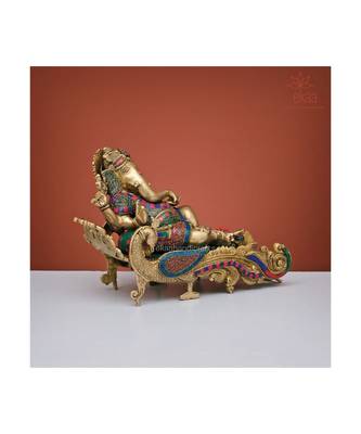 Relaxing Lord Ganesha Statue in Brass with Stonework 4