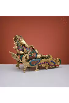 Relaxing Lord Ganesha Statue in Brass with Stonework