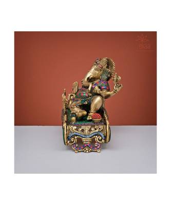 Relaxing Lord Ganesha Statue in Brass with Stonework 5
