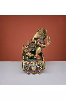 Relaxing Lord Ganesha Statue in Brass with Stonework