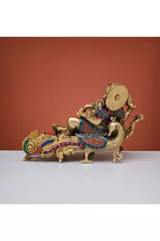 Relaxing Lord Ganesha Statue in Brass with Stonework