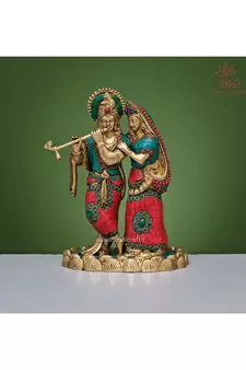 Radha Krishna Idol in Stonework Brass