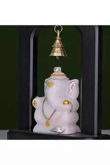Marble carved Lord Ganesha with Brass Temple Bell