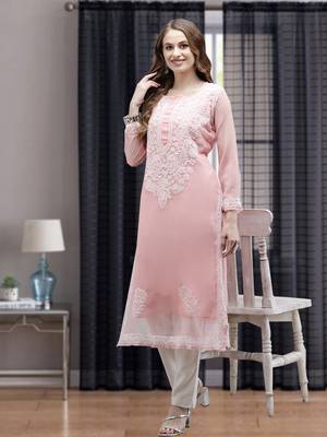 Ada Women Hand Embroidered Peach Georgette Lucknow Chikan Kurta with Slip - A411360 1