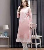 Ada Women Hand Embroidered Peach Georgette Lucknow Chikan Kurta with Slip - A411360