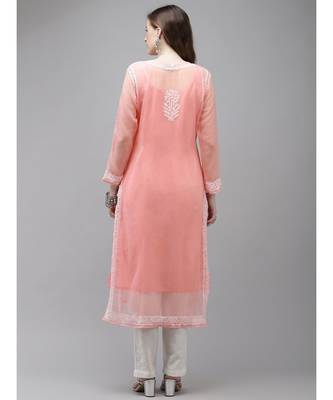 Ada Women Hand Embroidered Peach Georgette Lucknow Chikan Kurta with Slip - A411360 2