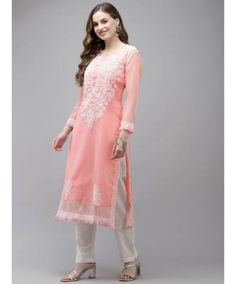Ada Women Hand Embroidered Peach Georgette Lucknow Chikan Kurta with Slip - A411360 3