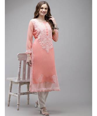 Ada Women Hand Embroidered Peach Georgette Lucknow Chikan Kurta with Slip - A411360 4