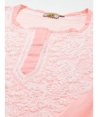 Ada Women Hand Embroidered Peach Georgette Lucknow Chikan Kurta with Slip - A411360 5