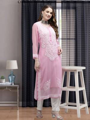 Ada Women Hand Embroidered Pink Georgette Lucknow Chikan Kurta with Slip - A411361 1