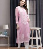 Ada Women Hand Embroidered Pink Georgette Lucknow Chikan Kurta with Slip - A411361