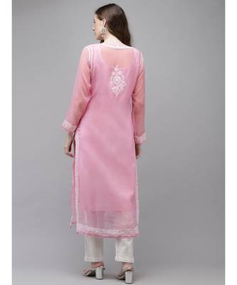 Ada Women Hand Embroidered Pink Georgette Lucknow Chikan Kurta with Slip - A411361 2