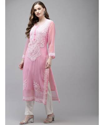 Ada Women Hand Embroidered Pink Georgette Lucknow Chikan Kurta with Slip - A411361 3