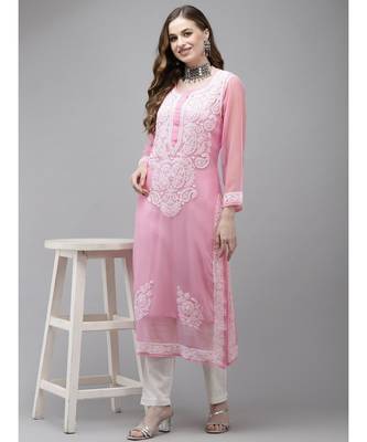 Ada Women Hand Embroidered Pink Georgette Lucknow Chikan Kurta with Slip - A411361 4