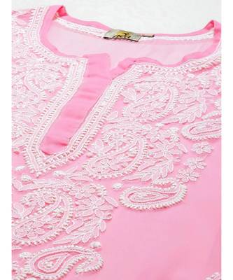 Ada Women Hand Embroidered Pink Georgette Lucknow Chikan Kurta with Slip - A411361 5