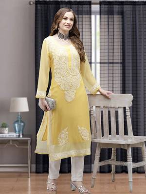 Ada Women Hand Embroidered Yellow Georgette Lucknow Chikan Kurta with Slip - A411359 1
