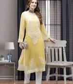 Ada Women Hand Embroidered Yellow Georgette Lucknow Chikan Kurta with Slip - A411359