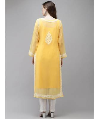Ada Women Hand Embroidered Yellow Georgette Lucknow Chikan Kurta with Slip - A411359 2