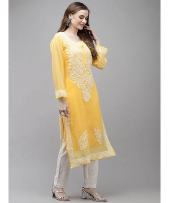 Ada Women Hand Embroidered Yellow Georgette Lucknow Chikan Kurta with Slip - A411359 3