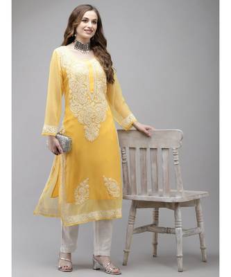 Ada Women Hand Embroidered Yellow Georgette Lucknow Chikan Kurta with Slip - A411359 4