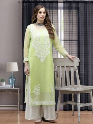 Ada Women Hand Embroidered Parrot Green Georgette Lucknow Chikan Kurta with Slip - A411365 1