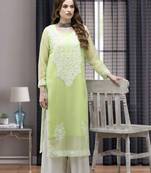 Ada Women Hand Embroidered Parrot Green Georgette Lucknow Chikan Kurta with Slip - A411365