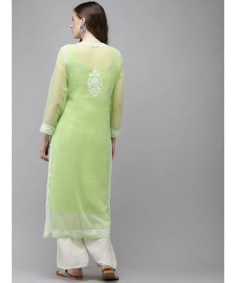 Ada Women Hand Embroidered Parrot Green Georgette Lucknow Chikan Kurta with Slip - A411365 2