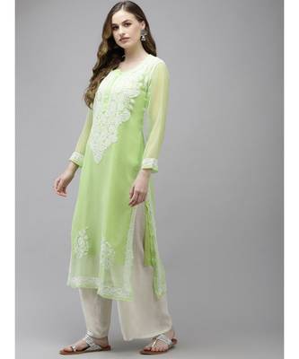 Ada Women Hand Embroidered Parrot Green Georgette Lucknow Chikan Kurta with Slip - A411365 3