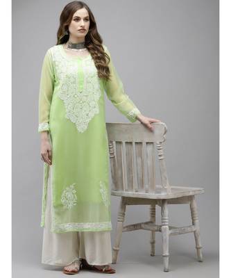 Ada Women Hand Embroidered Parrot Green Georgette Lucknow Chikan Kurta with Slip - A411365 4