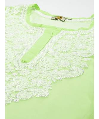 Ada Women Hand Embroidered Parrot Green Georgette Lucknow Chikan Kurta with Slip - A411365 5