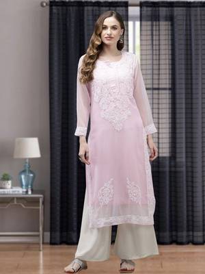 Ada Women Hand Embroidered Baby Pink Georgette Lucknow Chikan Kurta with Slip - A411364 1