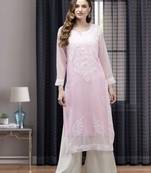 Ada Women Hand Embroidered Baby Pink Georgette Lucknow Chikan Kurta with Slip - A411364