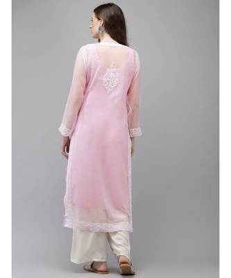 Ada Women Hand Embroidered Baby Pink Georgette Lucknow Chikan Kurta with Slip - A411364 2