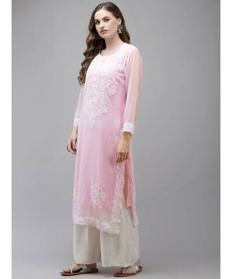 Ada Women Hand Embroidered Baby Pink Georgette Lucknow Chikan Kurta with Slip - A411364 3