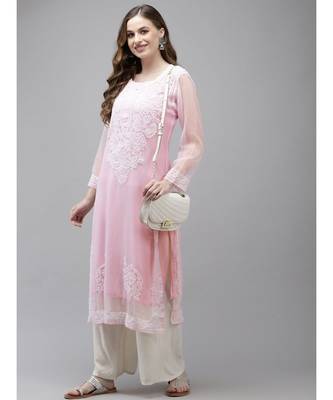Ada Women Hand Embroidered Baby Pink Georgette Lucknow Chikan Kurta with Slip - A411364 4