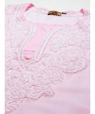 Ada Women Hand Embroidered Baby Pink Georgette Lucknow Chikan Kurta with Slip - A411364 5