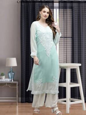 Ada Women Hand Embroidered Sea Green Georgette Lucknow Chikan Kurta with Slip - A411363 1