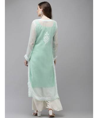 Ada Women Hand Embroidered Sea Green Georgette Lucknow Chikan Kurta with Slip - A411363 2