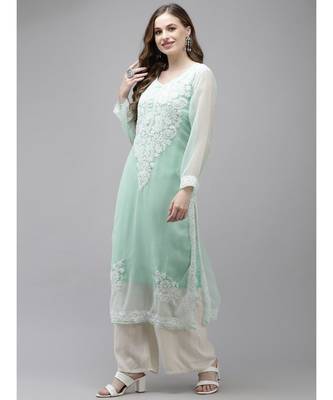 Ada Women Hand Embroidered Sea Green Georgette Lucknow Chikan Kurta with Slip - A411363 3