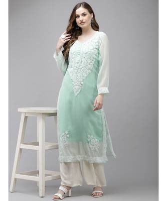 Ada Women Hand Embroidered Sea Green Georgette Lucknow Chikan Kurta with Slip - A411363 4