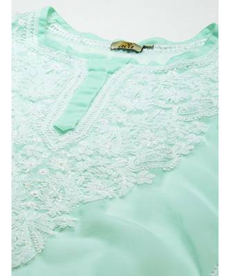 Ada Women Hand Embroidered Sea Green Georgette Lucknow Chikan Kurta with Slip - A411363 5