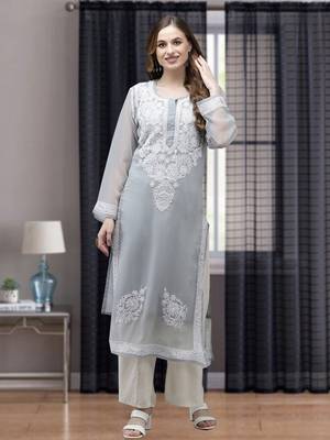 Ada Women Hand Embroidered Grey Georgette Lucknow Chikan Kurta With Slip - A411358 1