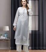 Ada Women Hand Embroidered Grey Georgette Lucknow Chikan Kurta With Slip - A411358