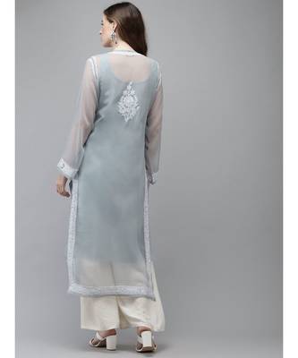Ada Women Hand Embroidered Grey Georgette Lucknow Chikan Kurta With Slip - A411358 2