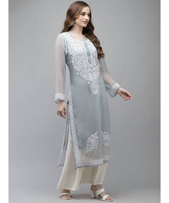 Ada Women Hand Embroidered Grey Georgette Lucknow Chikan Kurta With Slip - A411358 3