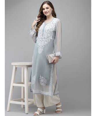 Ada Women Hand Embroidered Grey Georgette Lucknow Chikan Kurta With Slip - A411358 4