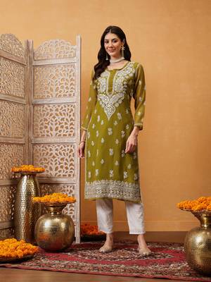 Ada Women Hand Embroidered Mehndi Green Georgette Lucknow Chikan Kurta/Slip with Gota Patti Work - A411354 1