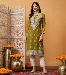Ada Women Hand Embroidered Mehndi Green Georgette Lucknow Chikan Kurta/Slip with Gota Patti Work - A411354